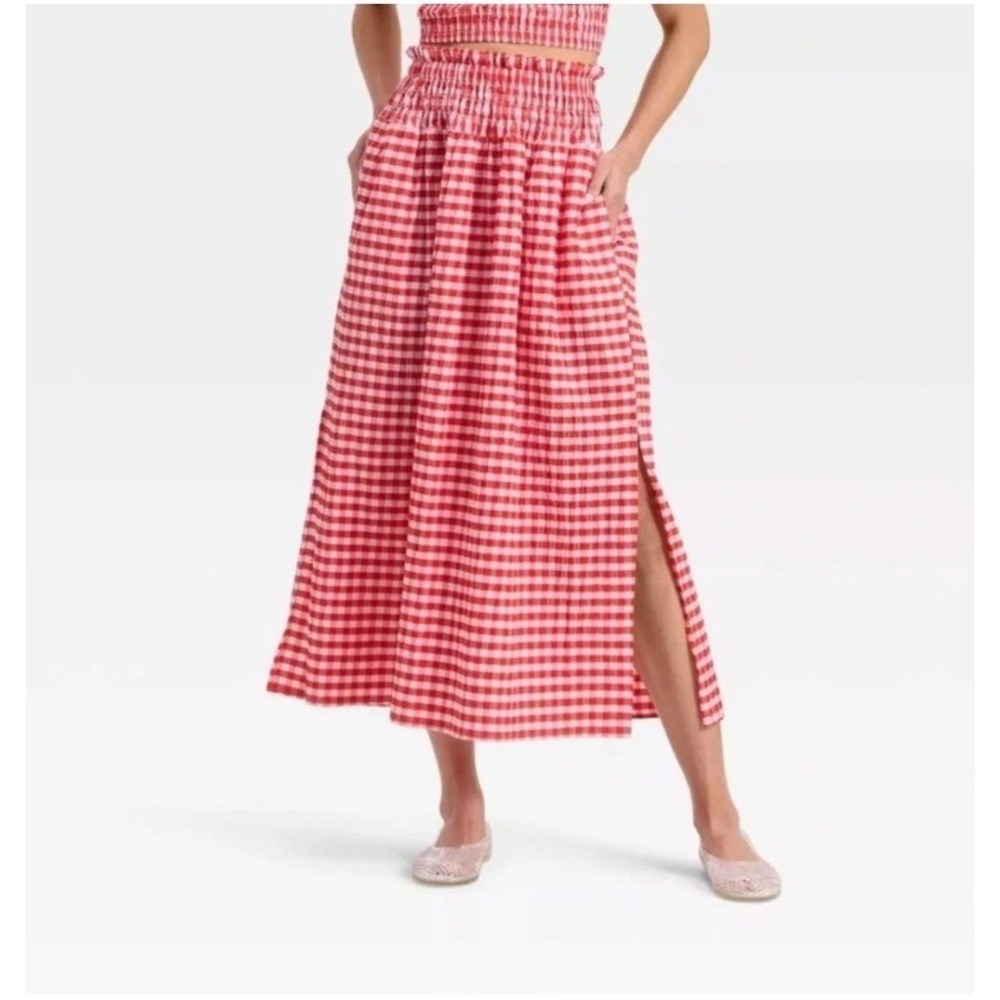 Universal Thread Women's Size XS Pull On Maxi Skirt Red White Gingham Elastic